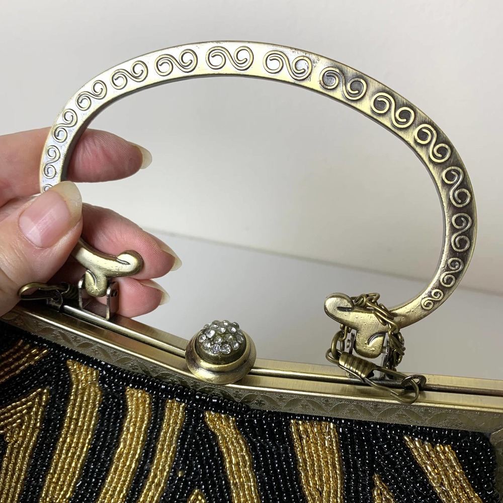 Vintage Gold Black Beaded Evening Purse Party Handbag With Chain Crossbody Strap - Picture 12 of 16